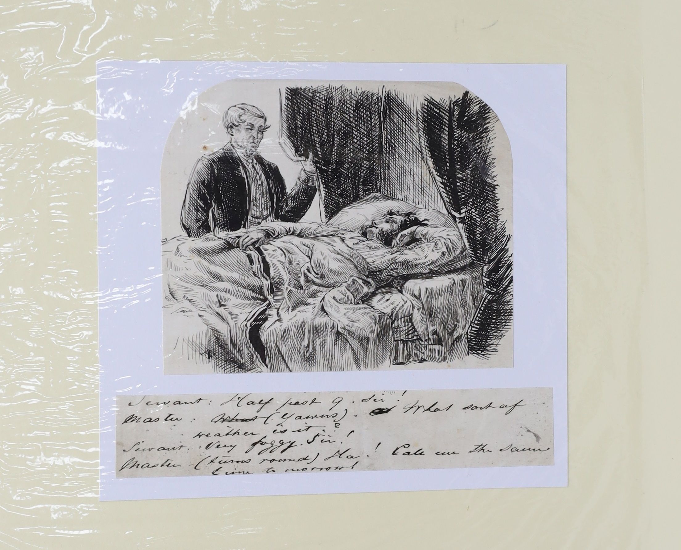 Eight 19th century and later pen, ink, watercolour and pencil sketches, some caricatures including examples by W McConnell with ink inscriptions, unframed, 21 x 17cm